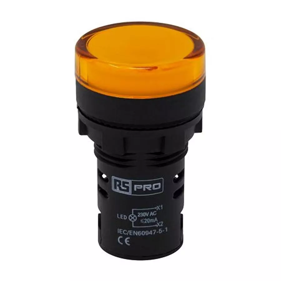 RS PRO LED Pilot Light IP65 Panel Mount 230 V AC 22 mm Yellow LED, 2717495 (Pack of 5)