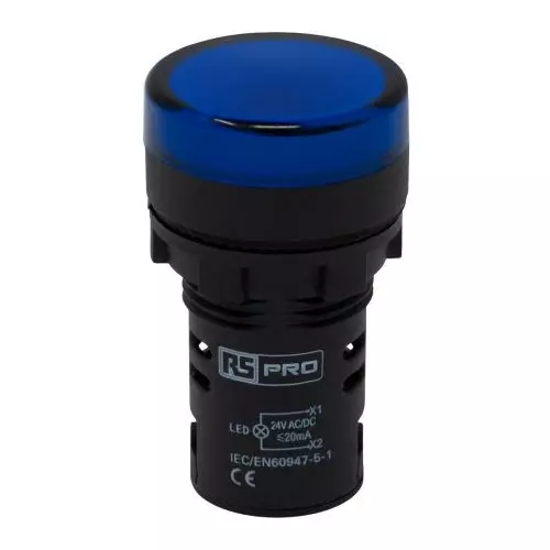 RS PRO LED Pilot Light IP65 Panel Mount 24 V AC/DC 22 mm Blue LED, 2717480 (Pack of 5)