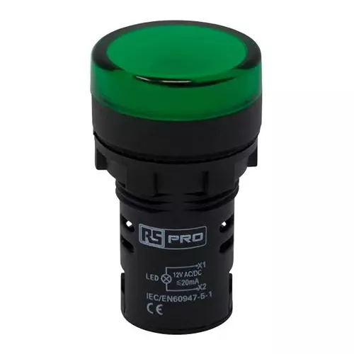 RS PRO LED Pilot Light IP65 Panel Mount 12 V AC/DC 22 mm Green LED, 2717481 (Pack of 5)