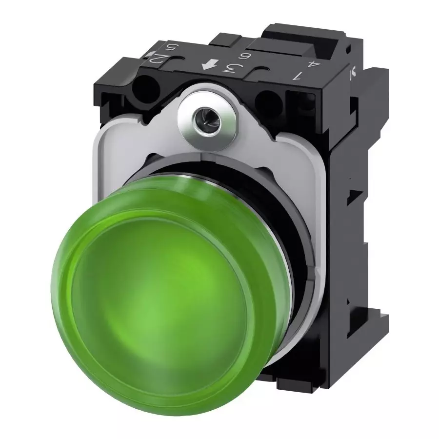 Siemens SIRIUS ACT 3SU11, Panel Mount Green LED Indicator, 22mm Cutout, Round, 24 V AC/DC, 3SU1152-6AA40-3AA0
