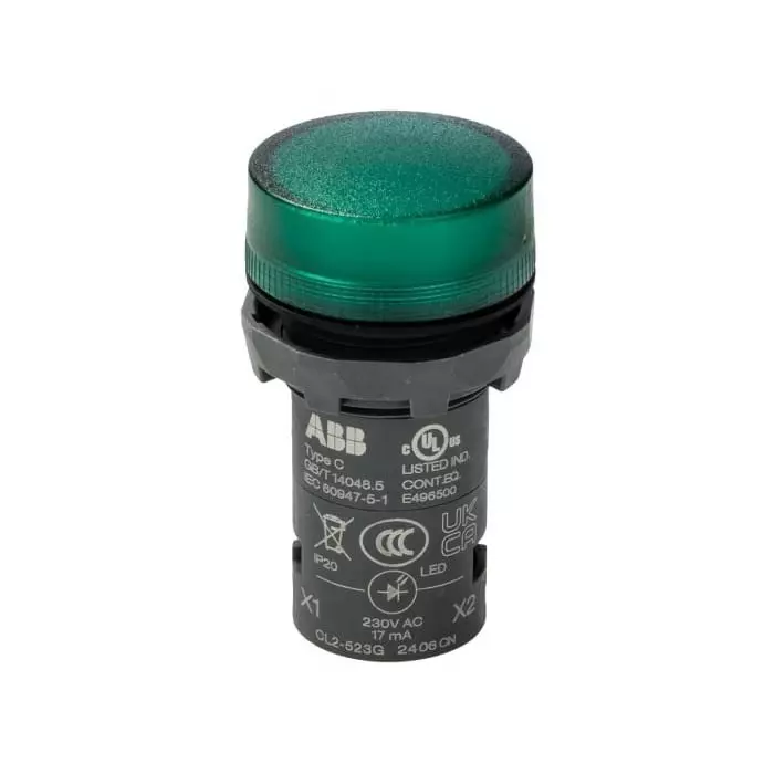 ABB CL2-523G, Panel Mount Green LED Pilot Light, 22mm Cutout, IP66, IP67, IP69K, Round, 230 V AC, 1SFA619403R5232CL2-523G