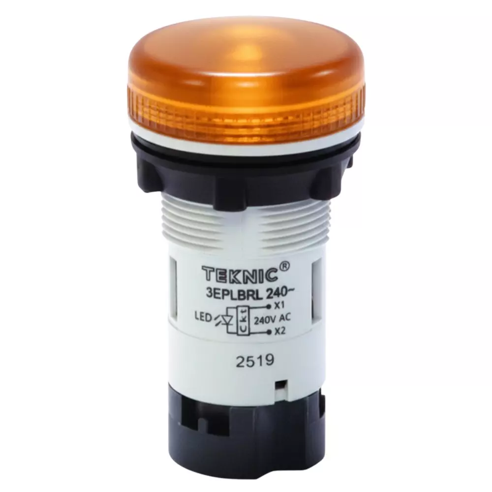 Teknic Pilot Light with Integral LED 220 V DC 22.5 mm Hole Diameter Plastic Amber Lens, 3EPLBR5L