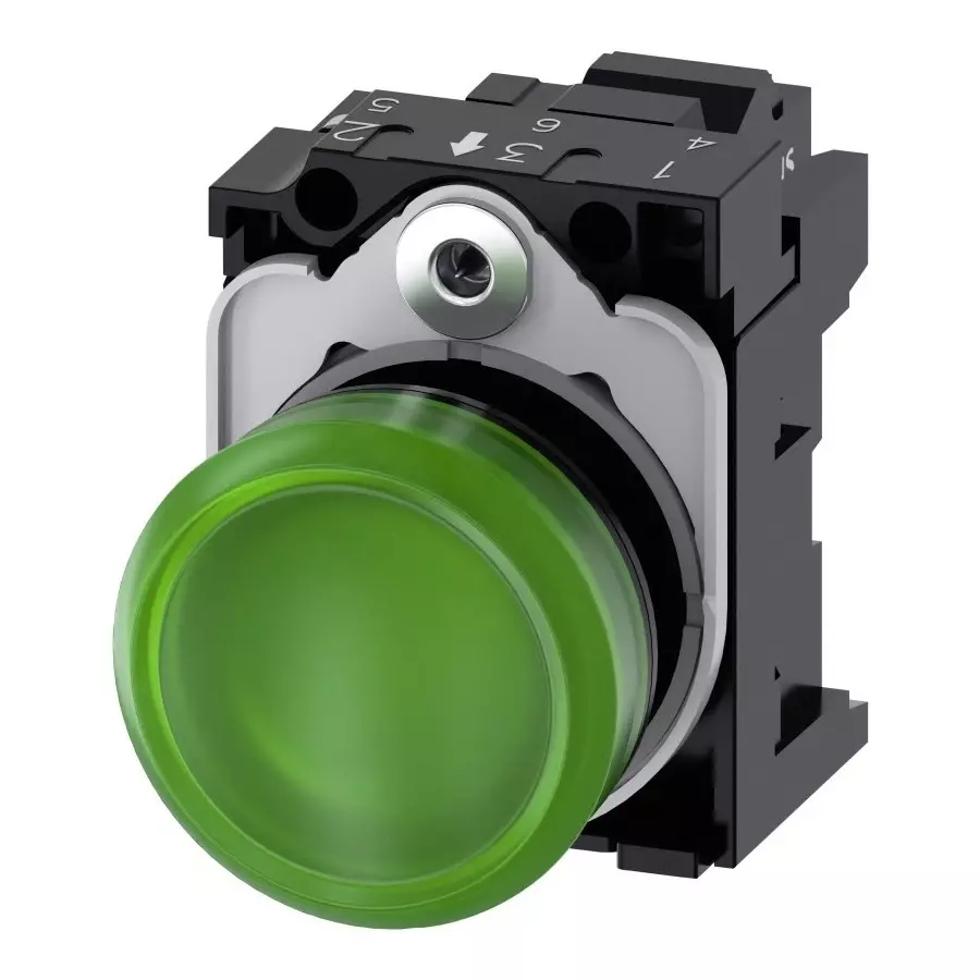 Siemens SIRIUS ACT 3SU11, Panel Mount Green LED Indicator, 22mm Cutout, Round, 24 V AC/DC, 3SU1102-6AA40-3AA0