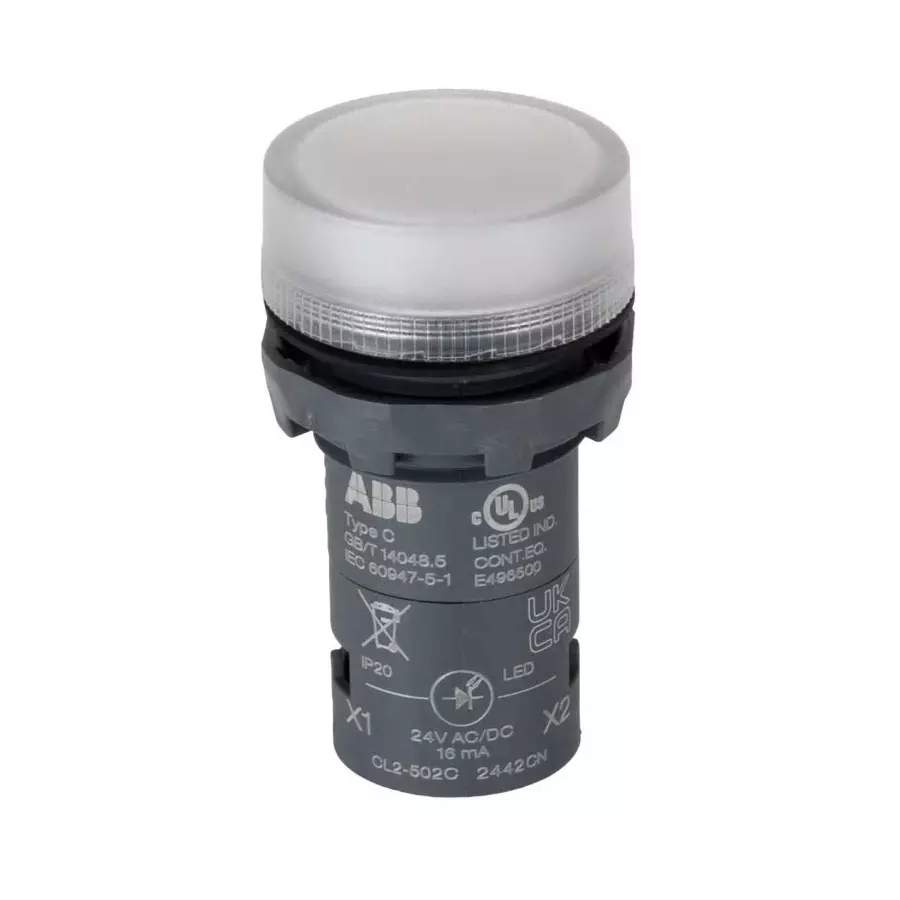 ABB Panel Mount White LED Pilot Light, 22mm Cutout, IP66, IP67, IP69K, IP20, Round, 24V, 1SFA619403R5028CL2-502C