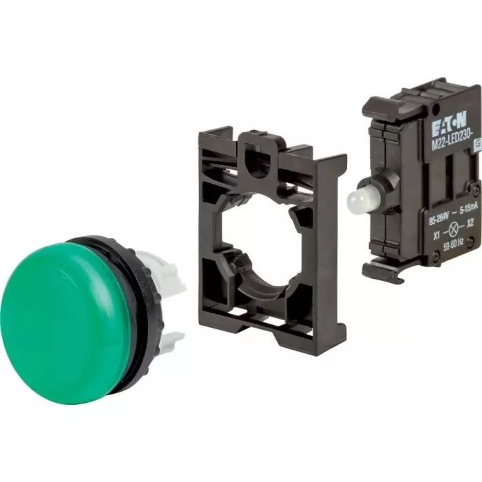 EATON Green LED Indicator, 22.5 mm Cutout, IP67, IP69K, Round, 250 V AC, 132600 M22-L-G-LED230-BVP
