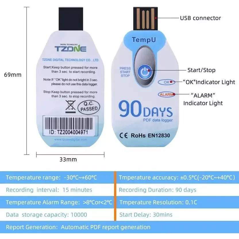 MxRady 90-Day USB PDF Disposable Data Logger 3 W