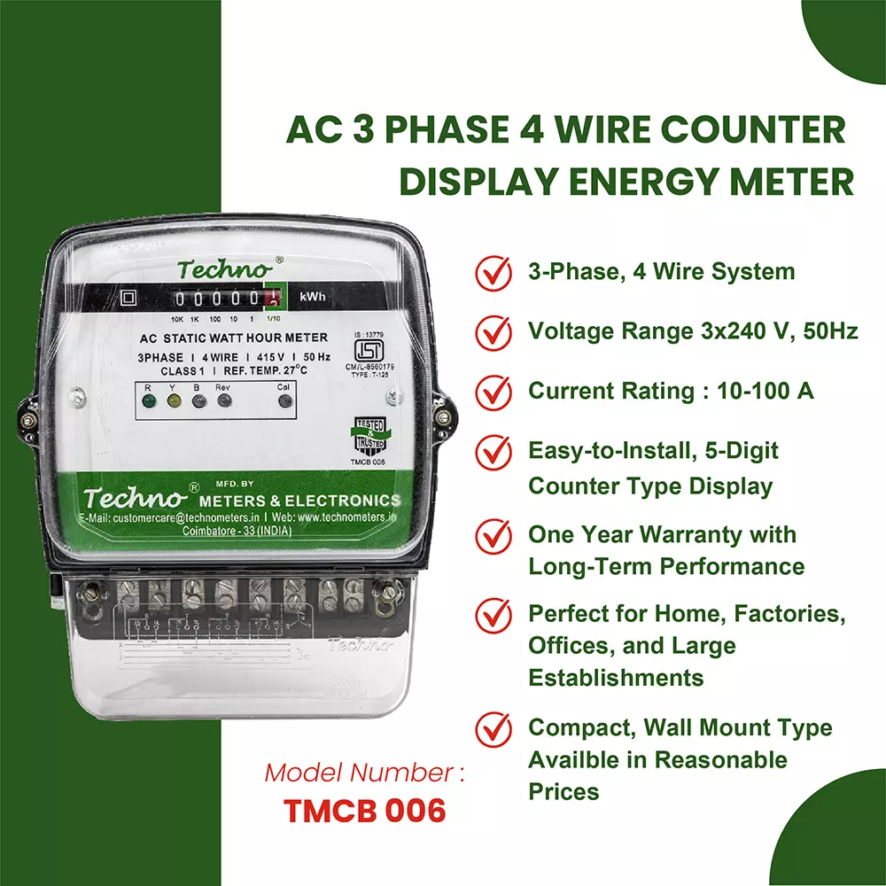 Techno Meters Polycarbonate Counter Energy Meter Three Phase AC 4 Wire 10-100 A Current Class 1.0, TMCB 006