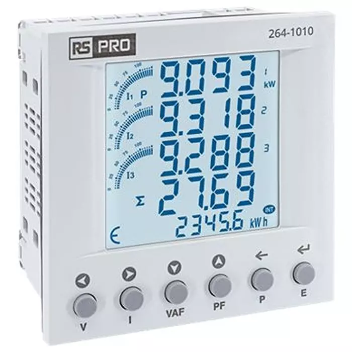 RS PRO Energy Meter LCD 0.5% Accuracy Pulse Output 3 Inputs 3 Phase 50 mm, 2641010