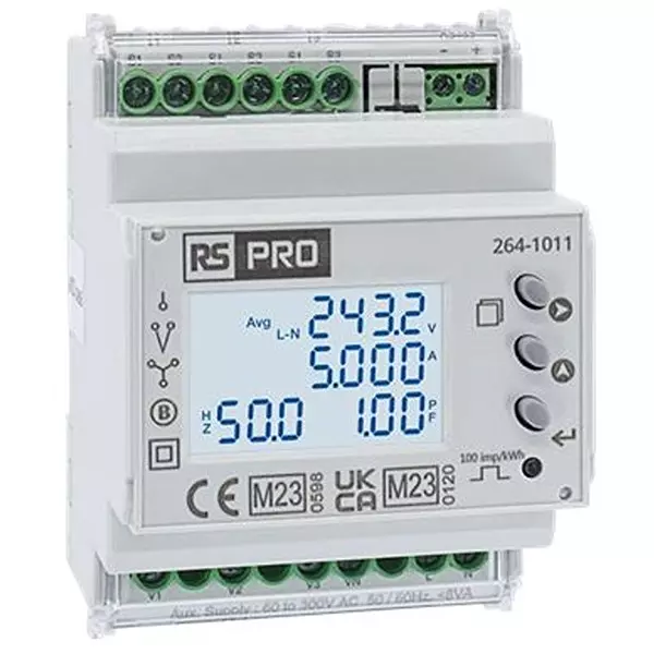 RS PRO Energy Meter LCD 0.5% Accuracy 3 Inputs 3 Phase 66.3 mm, 2641011