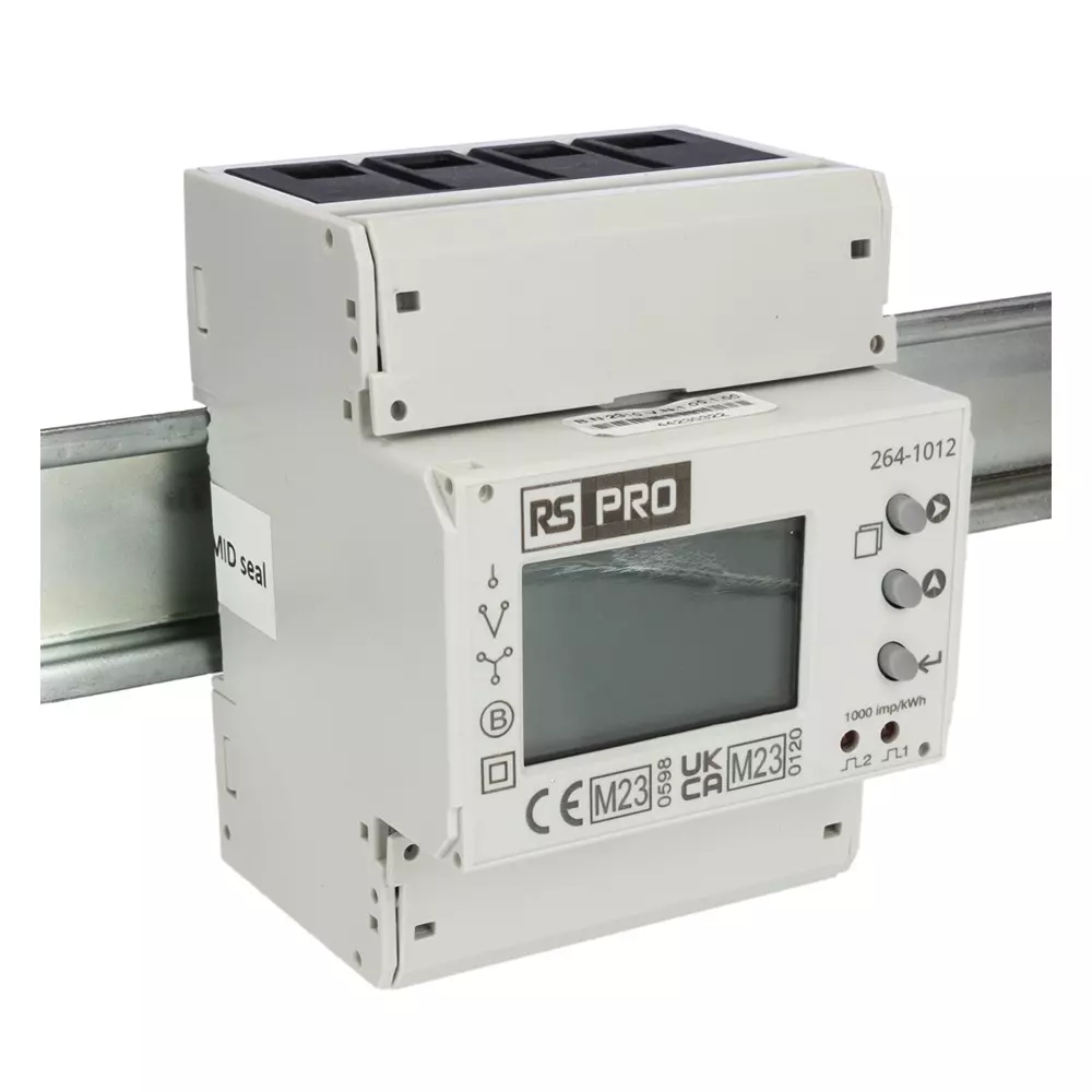 RS PRO Energy Meter LCD 0.5% Accuracy Pulse Output 3 Inputs 2 Outputs 3 Phase 66.3 mm, 2641012