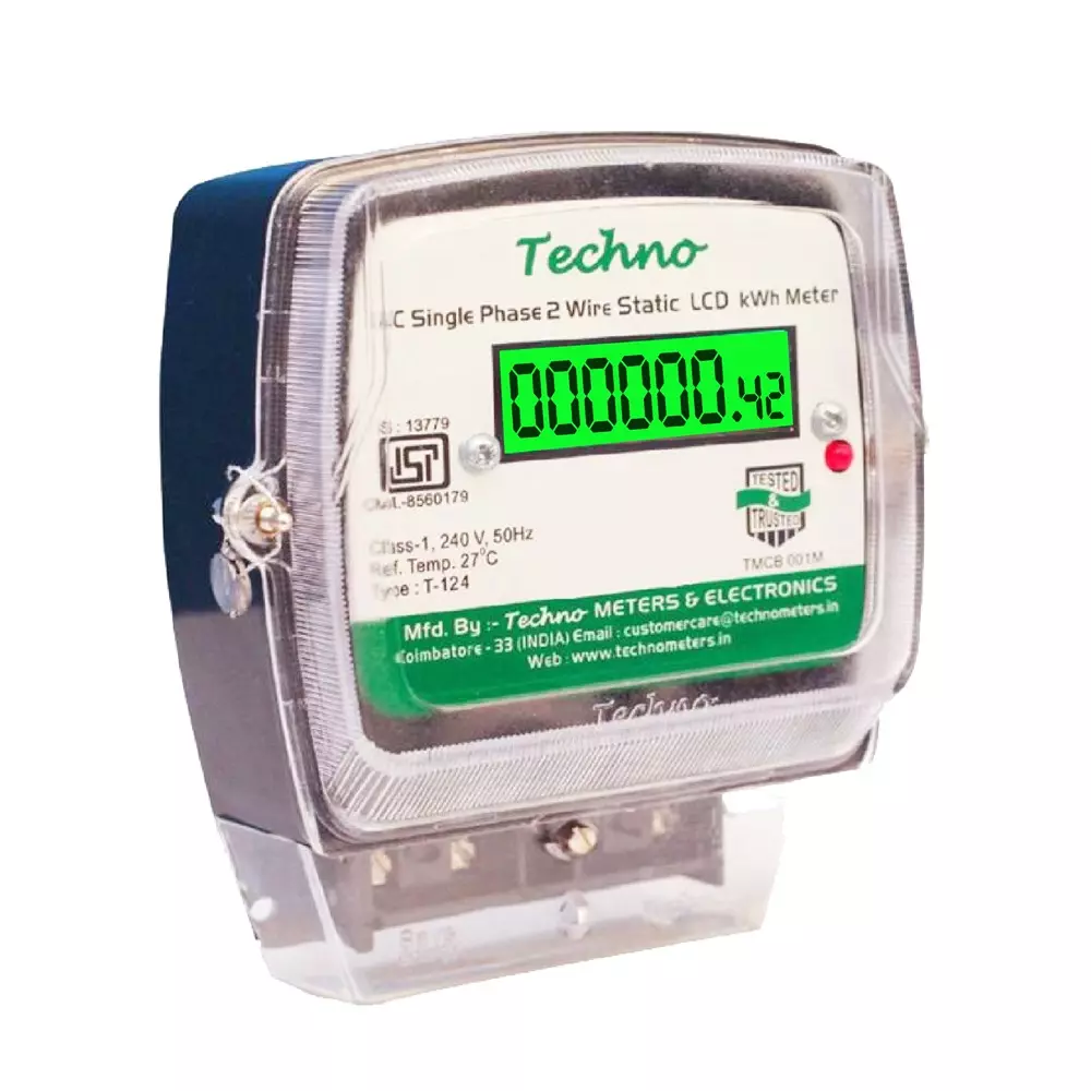 Techno Meters Polycarbonate AC Single Phase Two Wire Energy Meter LCD Display 10-60 A 240 V 50 Hz, TMCB 01M