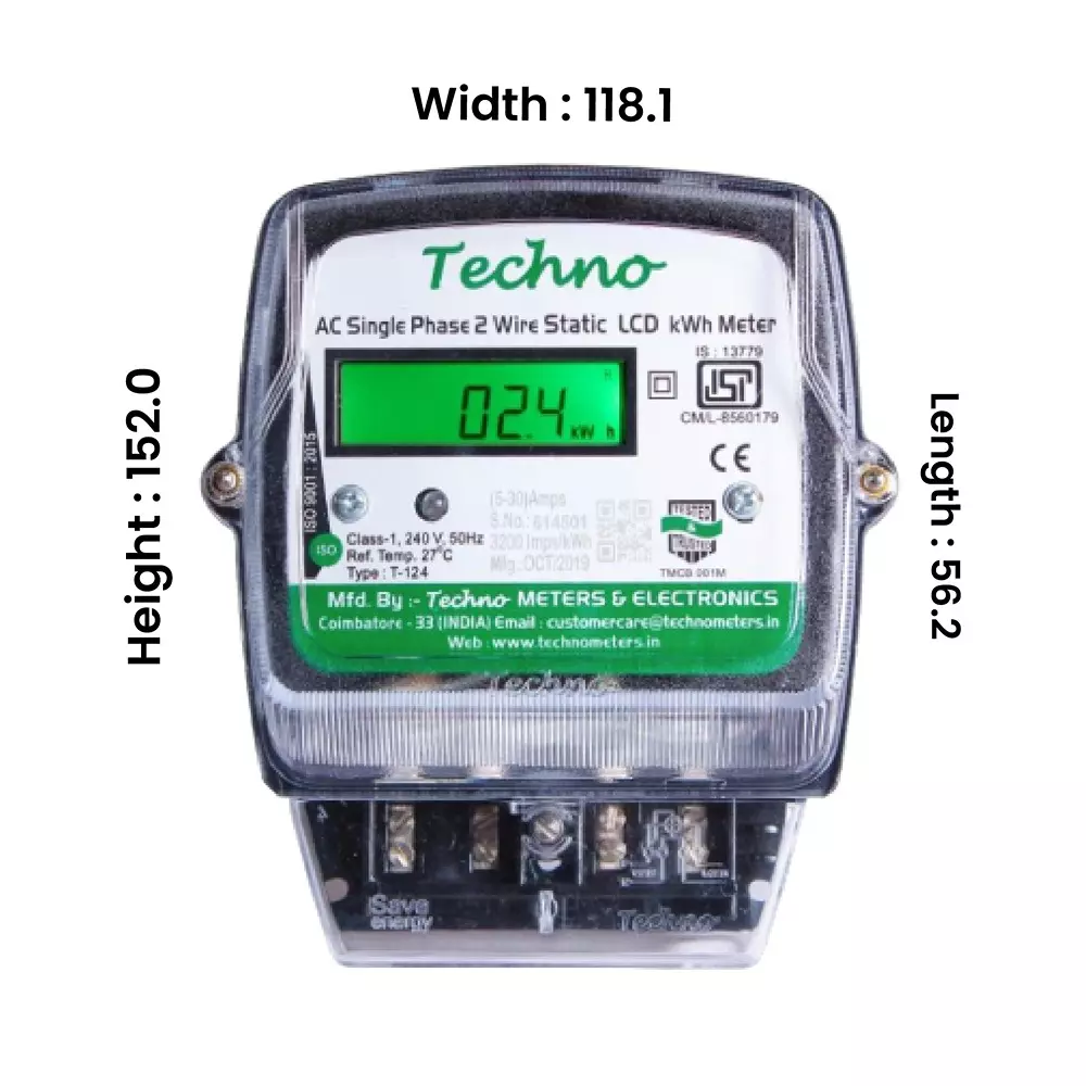 Techno Meters Polycarbonate AC Single Phase Two Wire Energy Meter LCD Display 10-60 A 240 V 50 Hz, TMCB 01M