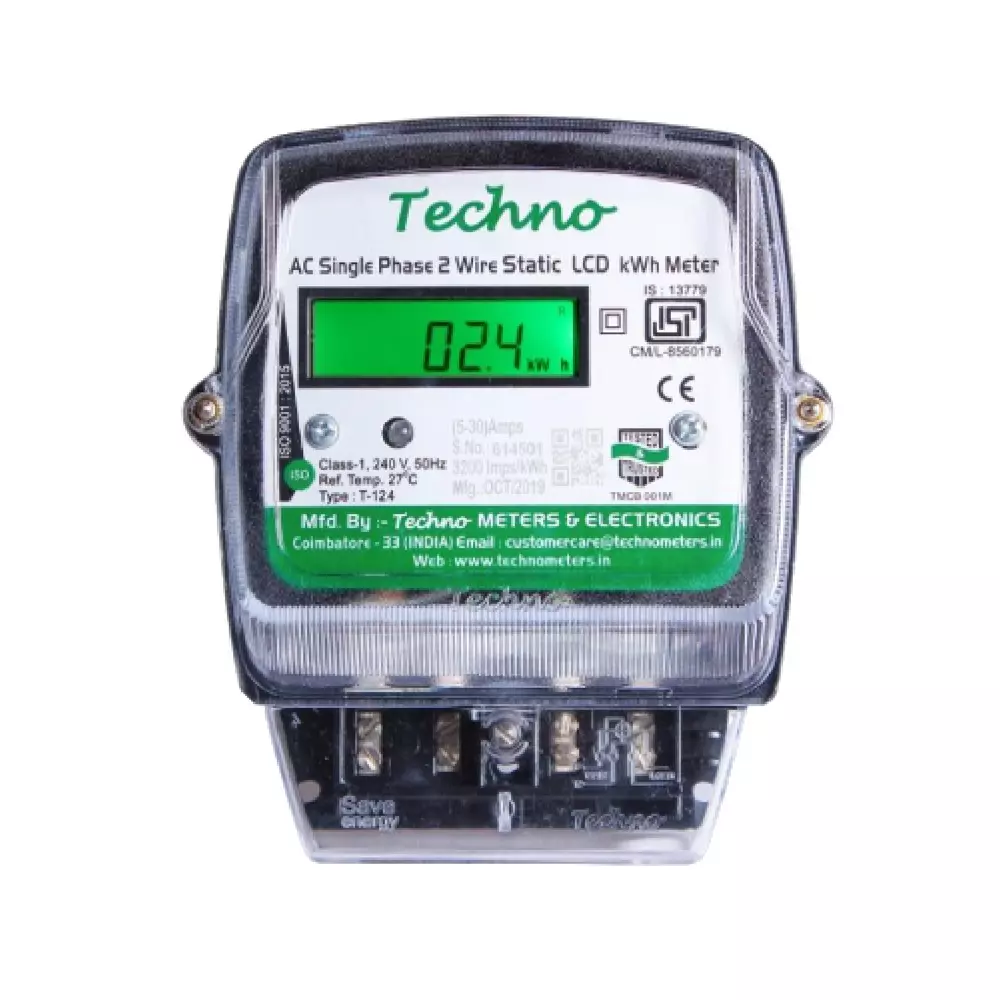 Techno Meters Polycarbonate AC Single Phase Two Wire Energy Meter LCD Display 10-60 A 240 V 50 Hz, TMCB 01M