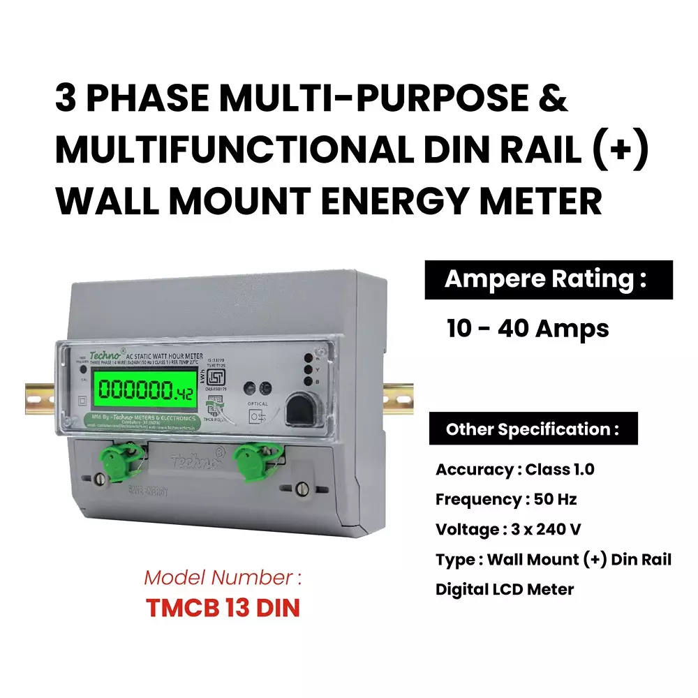 Techno Meters Multifunctional Energy Meter Three Phase 4-Wire DIN Rail + Wall Mount 10-40 A Class 1.0 Accuracy, TMCB 013 DIN