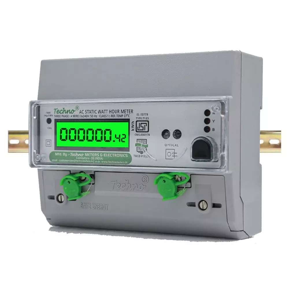 Techno Meters Multifunctional Energy Meter Three Phase 4-Wire DIN Rail + Wall Mount 10-40 A Class 1.0 Accuracy, TMCB 013 DIN