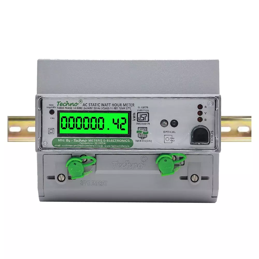 Techno Meters Multifunctional Energy Meter Three Phase 4-Wire DIN Rail + Wall Mount 10-40 A Class 1.0 Accuracy, TMCB 013 DIN