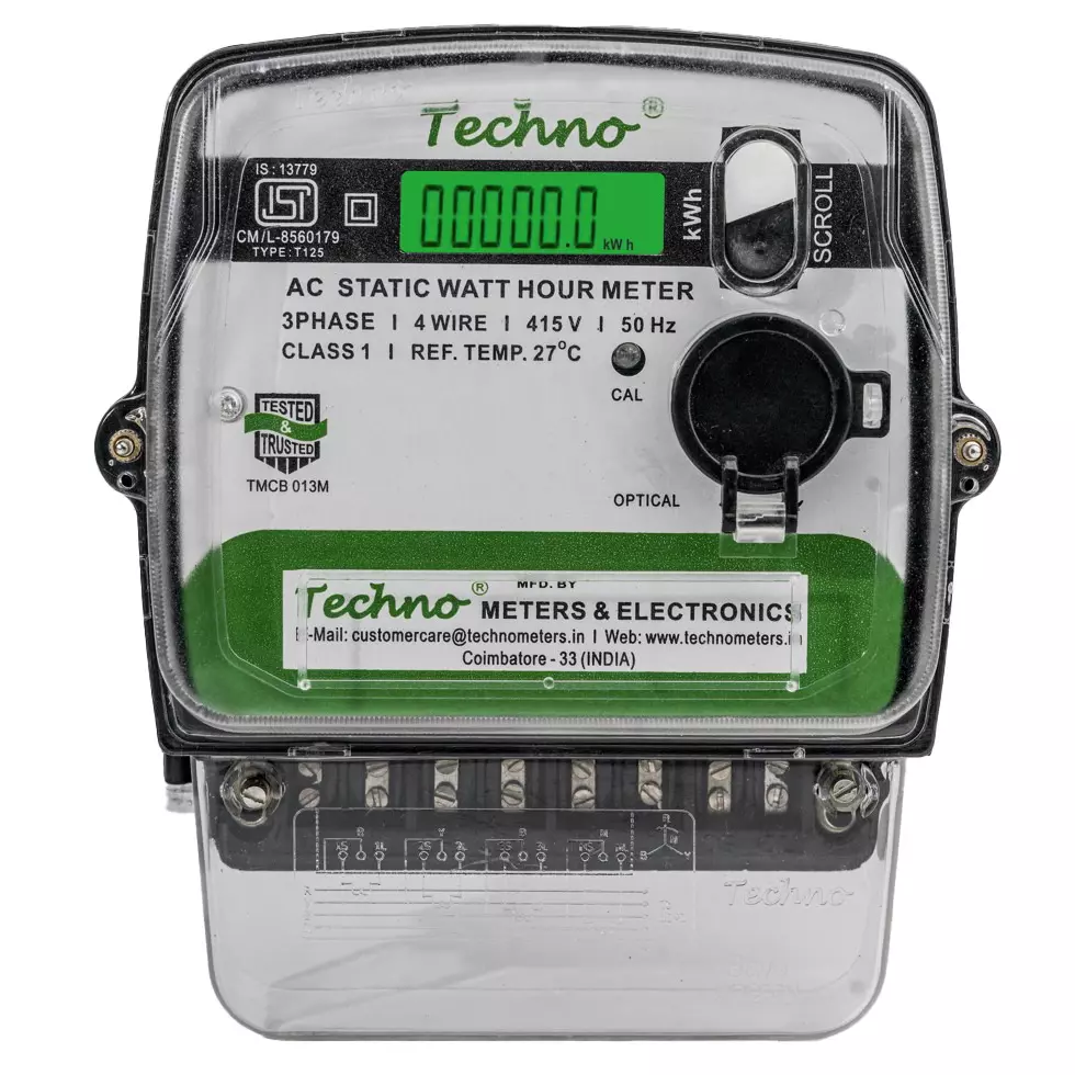 Techno Meters Polycarbonate Energy Meter Three Phase 4-Wire 10-100 A 3x 240 V AC Voltage with RS 485 Data Communication, TMCB 013M