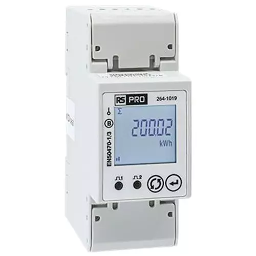 RS PRO Energy Meter LCD 100 Amp Max Measurement Class B Accuracy Pulse Output 60 mm, 2641019