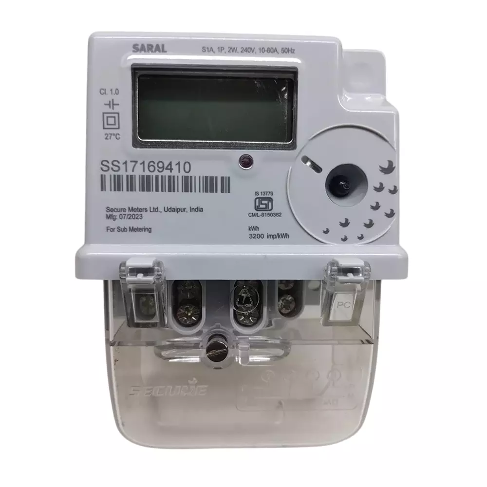 Secure SARAL Energy Meter Three Phase S1A 2 Wire 10-60 A 240 V 50 Hz Class-1.0, Grey