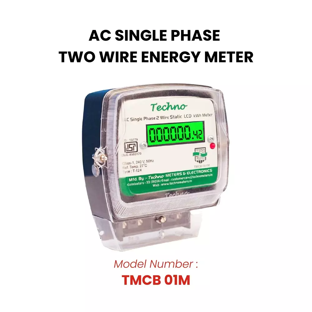 Techno Meters Polycarbonate AC Single Phase Two Wire Energy Meter LCD Display 5-30 A 240 V 50 Hz, TMCB 01M