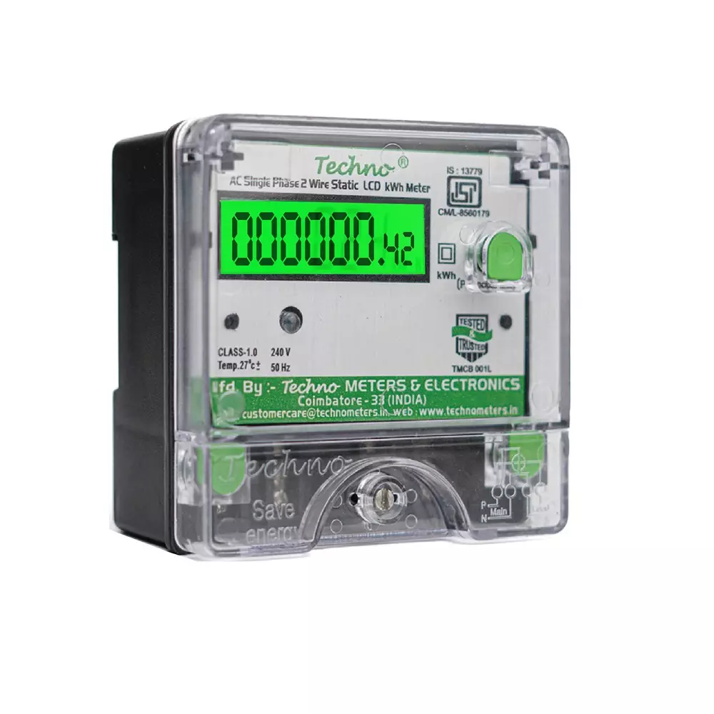 Techno Meters Polycarbonate Single Phase Energy Meter Kit 5-30 A Current Class 1.0 without MCB, TMCB 009