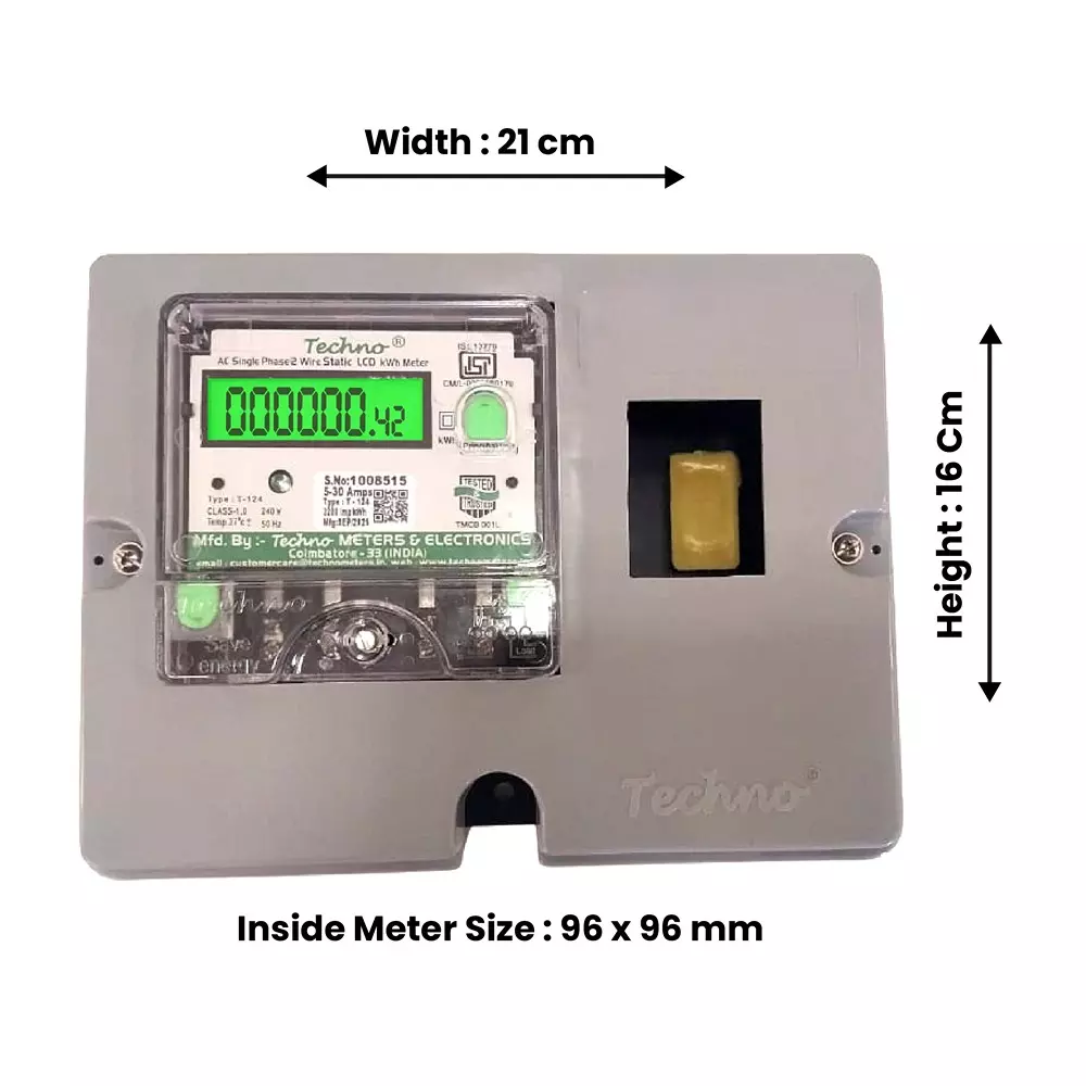 Techno Meters Polycarbonate Single Phase Energy Meter Kit 5-30 A Current Class 1.0 without MCB, TMCB 009