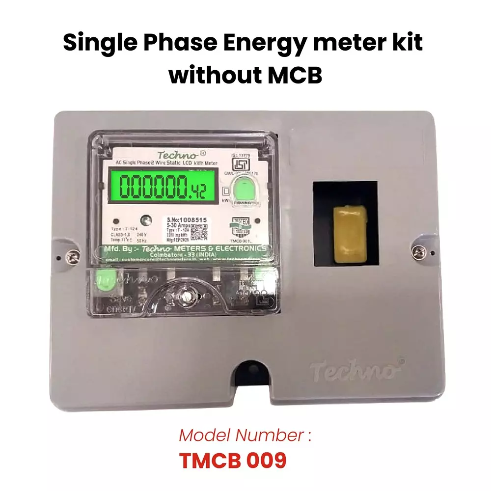 Techno Meters Polycarbonate Single Phase Energy Meter Kit 5-30 A Current Class 1.0 without MCB, TMCB 009