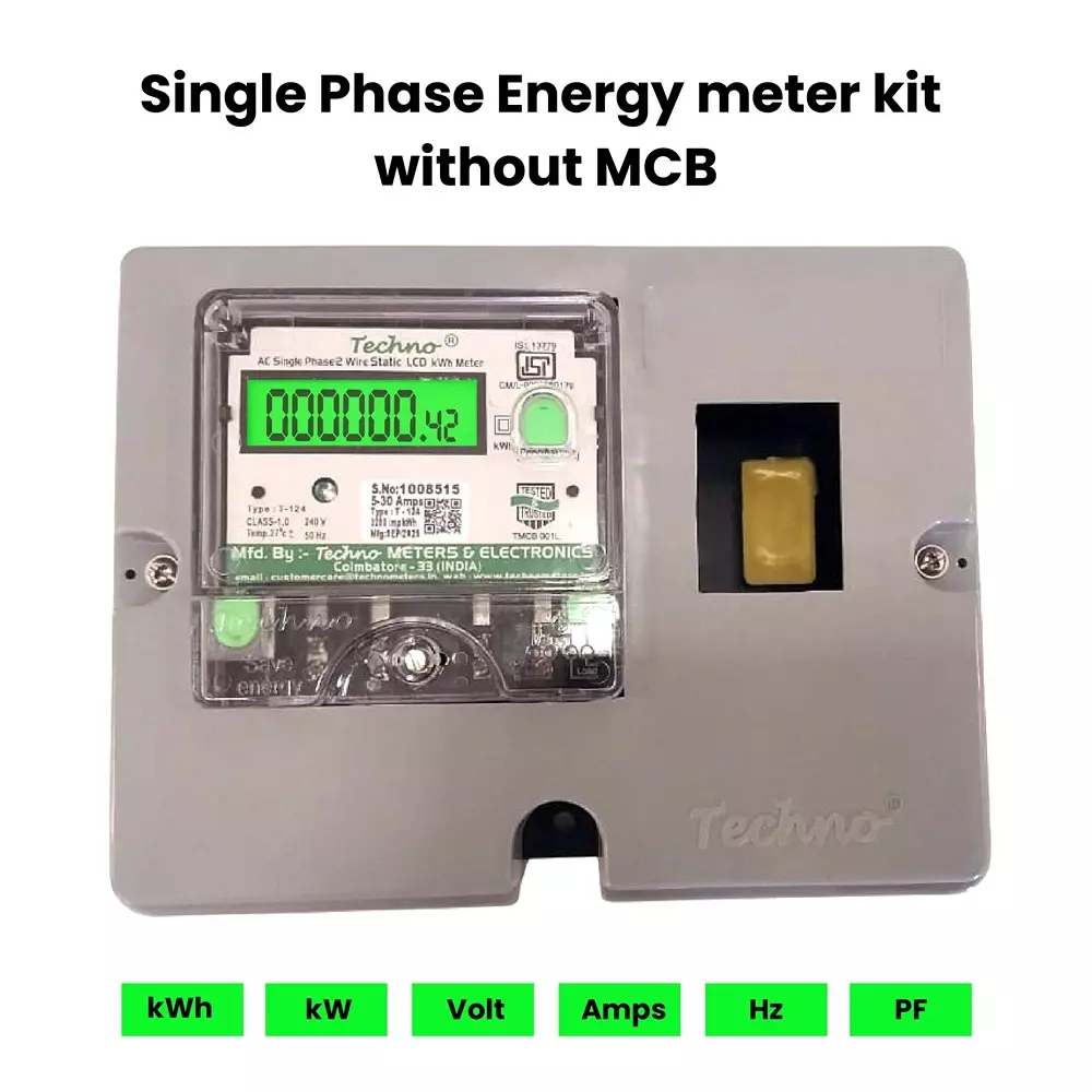 Techno Meters Polycarbonate Single Phase Energy Meter Kit 5-30 A Current Class 1.0 without MCB, TMCB 009