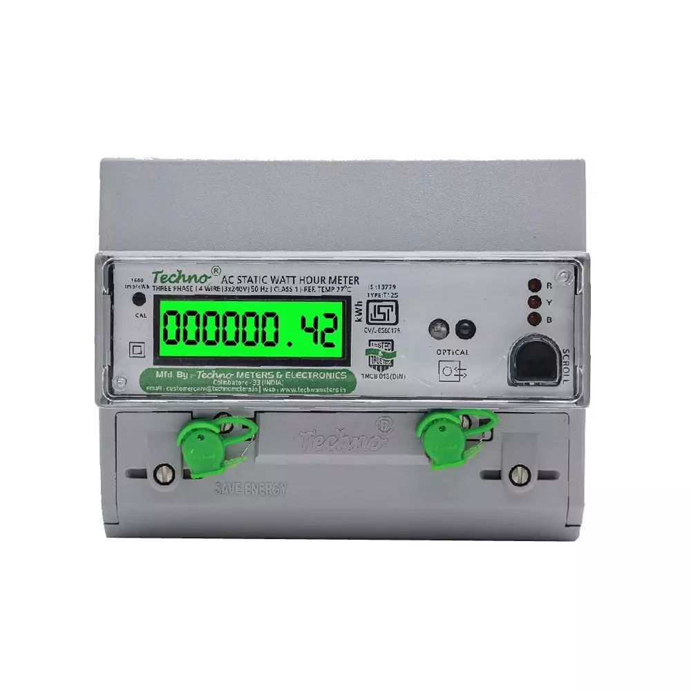 Techno Meters Multifunctional Energy Meter Three Phase 4-Wire DIN Rail + Wall Mount 10-60 A Class 1.0 Accuracy, TMCB 013 DIN