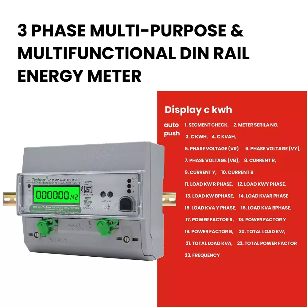 Techno Meters Multifunctional Energy Meter Three Phase 4-Wire DIN Rail + Wall Mount 10-60 A Class 1.0 Accuracy, TMCB 013 DIN