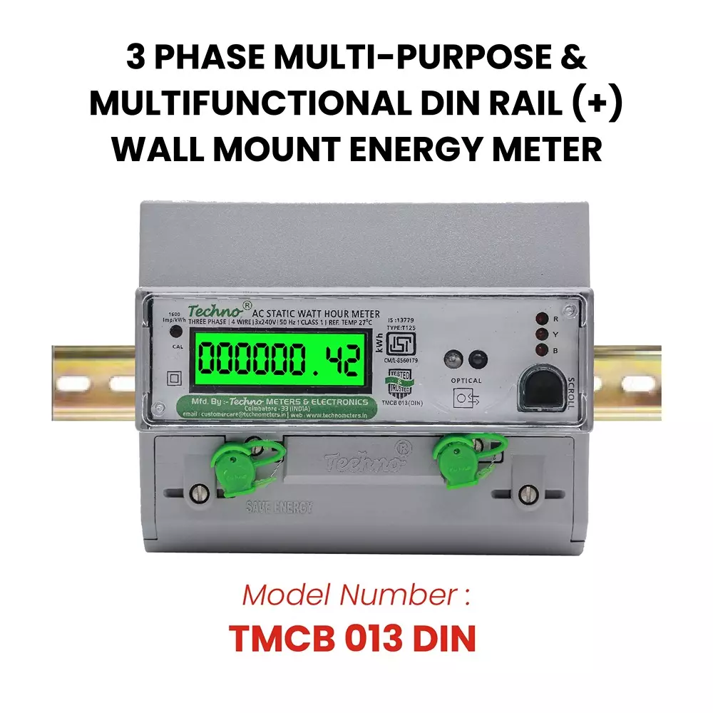 Techno Meters Multifunctional Energy Meter Three Phase 4-Wire DIN Rail + Wall Mount 10-60 A Class 1.0 Accuracy, TMCB 013 DIN
