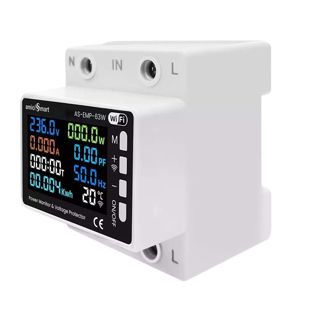 amiciSmart WIFI 8 in 1 Digital Energy Meter 63 A 220 VAC 13.8 kW SmartLife Voltage Current Monitor, 1xELECT-8IN1-DIN-WIFI