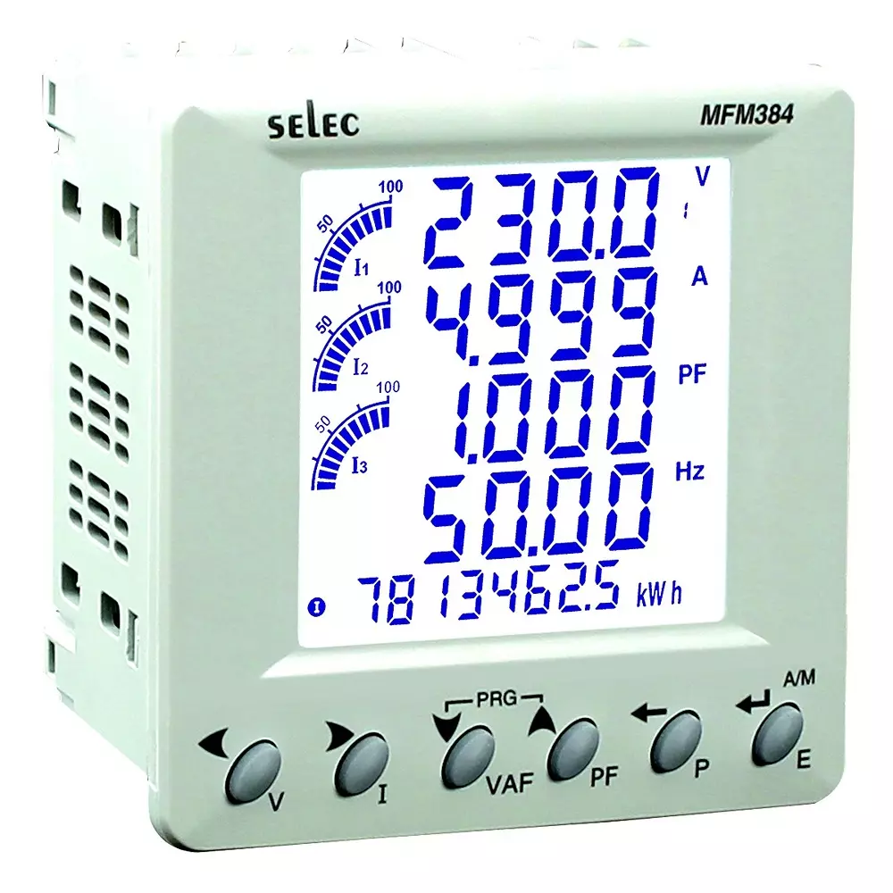 Selec LCD Multifunction Meter with RS485 Communication, %THD up to 31st level, 85 to 300 V AC, Accuracy Class 0.5S