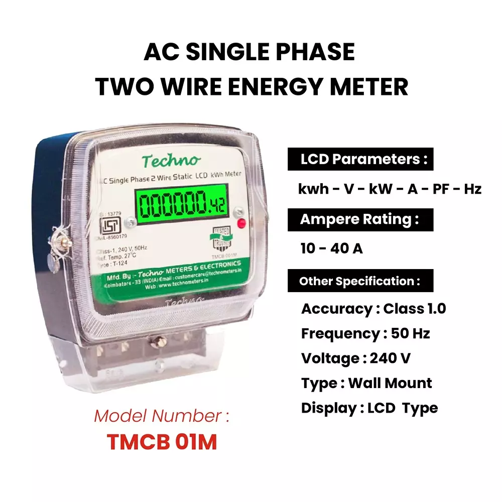 Techno Meters Polycarbonate AC Single Phase Two Wire Energy Meter LCD Display 10-40 A 240 V 50 Hz, TMCB 01M