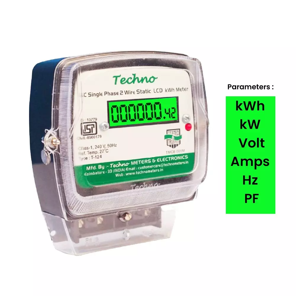 Techno Meters Polycarbonate AC Single Phase Two Wire Energy Meter LCD Display 10-40 A 240 V 50 Hz, TMCB 01M