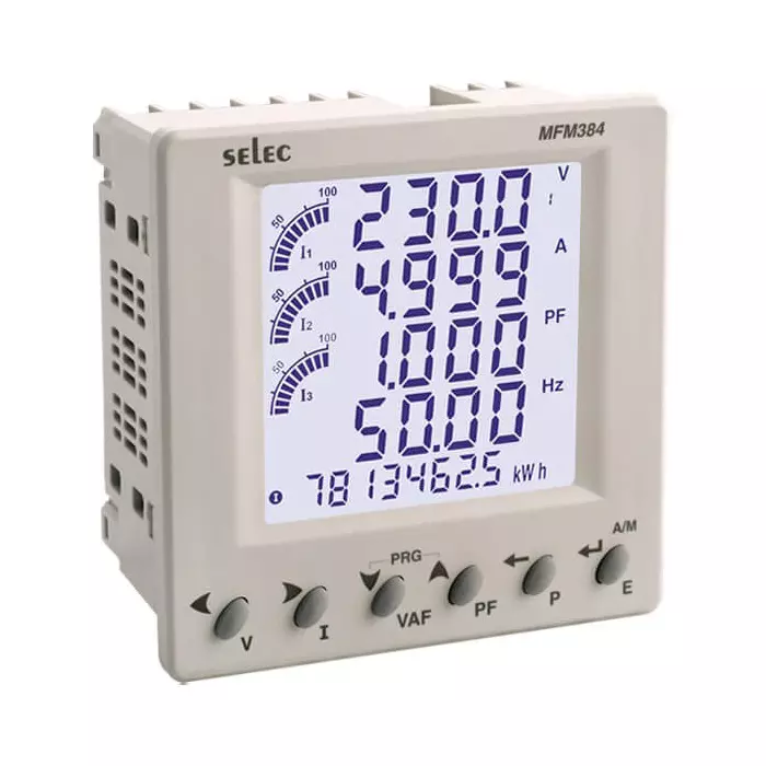 Selec LCD End Multifunction Meter with RS485, %THD up to 31st level, 40 to 300V AC / DC