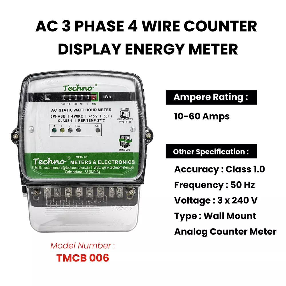 Techno Meters Polycarbonate Counter Energy Meter Three Phase AC 4 Wire 10-60 A Current Class 1.0, TMCB 006