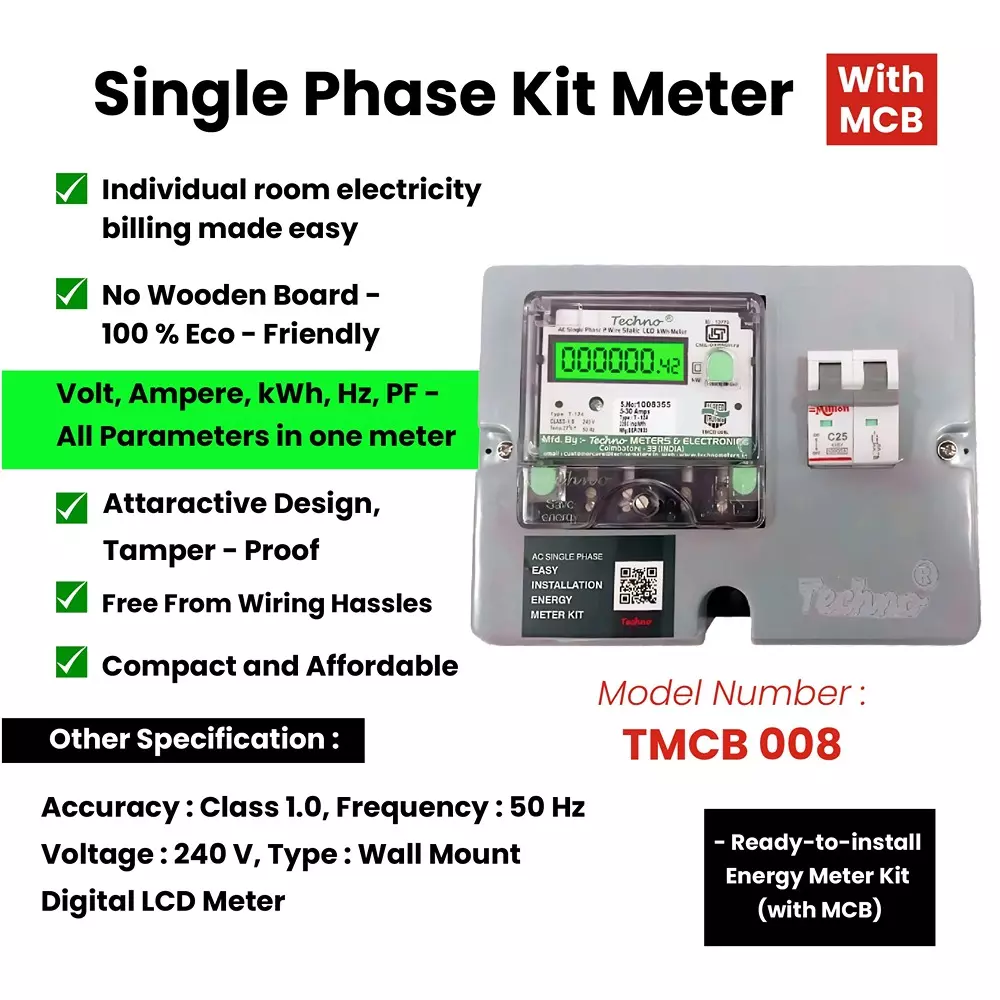 Techno Meters Polycarbonate Single Phase Energy Meter Kit 5-30 A Current Class 1.0 with 25 A 2-Pole MCB, TMCB 008