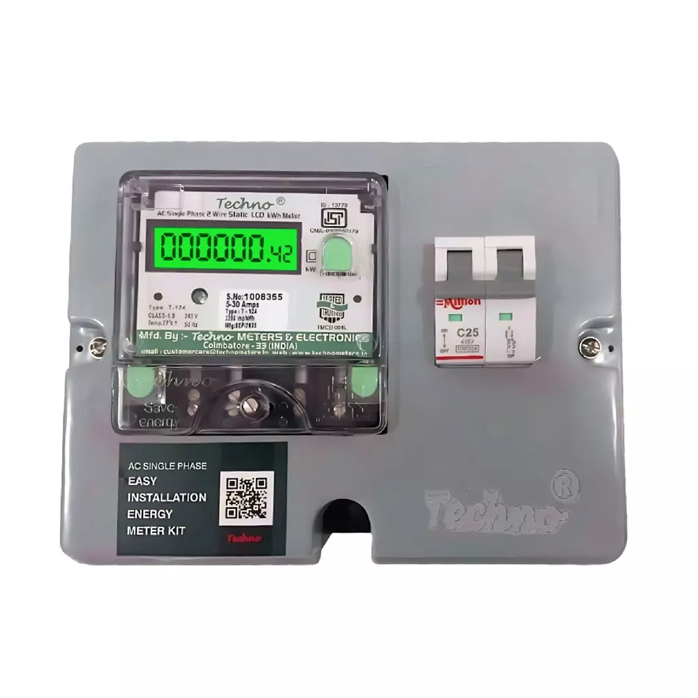 Techno Meters Polycarbonate Single Phase Energy Meter Kit 5-30 A Current Class 1.0 with 25 A 2-Pole MCB, TMCB 008