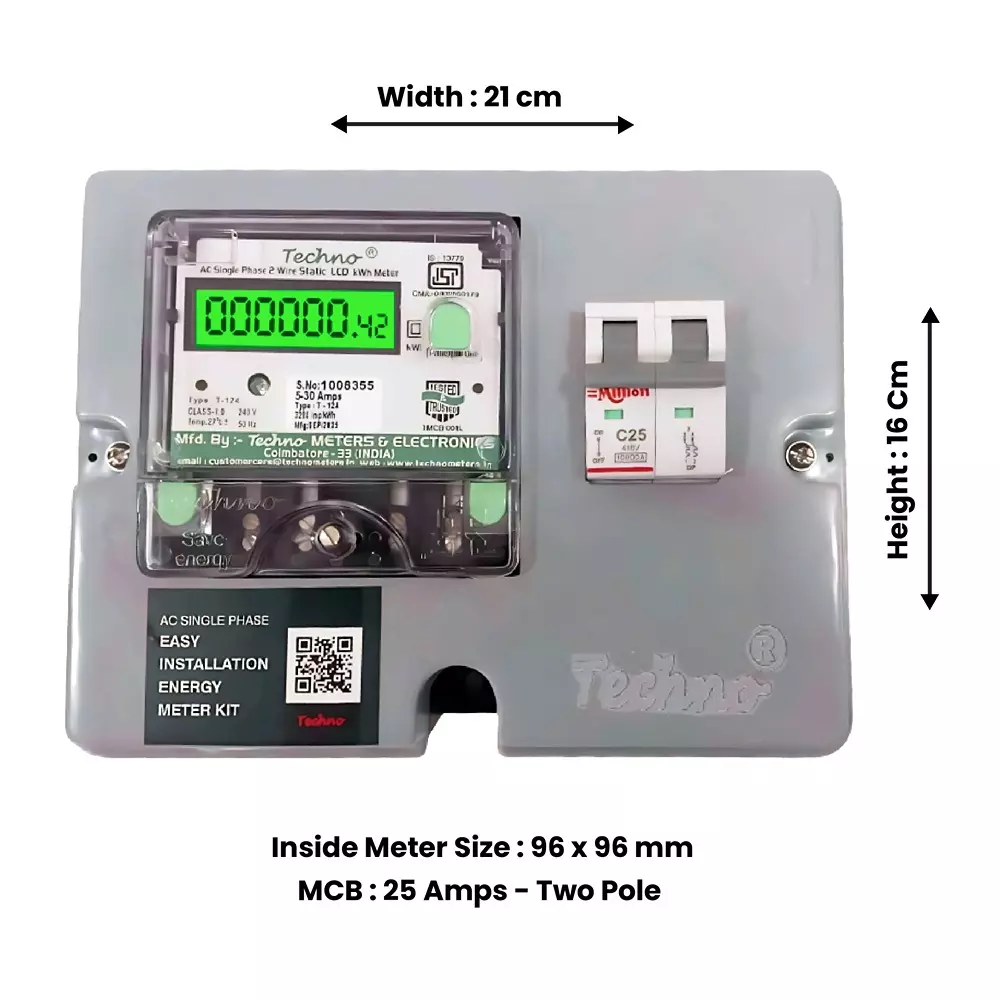 Techno Meters Polycarbonate Single Phase Energy Meter Kit 5-30 A Current Class 1.0 with 25 A 2-Pole MCB, TMCB 008