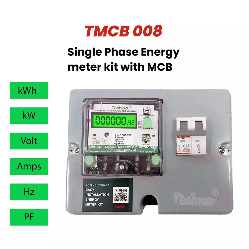 Techno Meters Polycarbonate Single Phase Energy Meter Kit 5-30 A Current Class 1.0 with 25 A 2-Pole MCB, TMCB 008