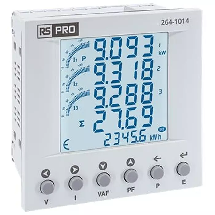 RS PRO Energy Meter LCD Pulse Output 3 Inputs 3 Phase 50 mm, 2641014