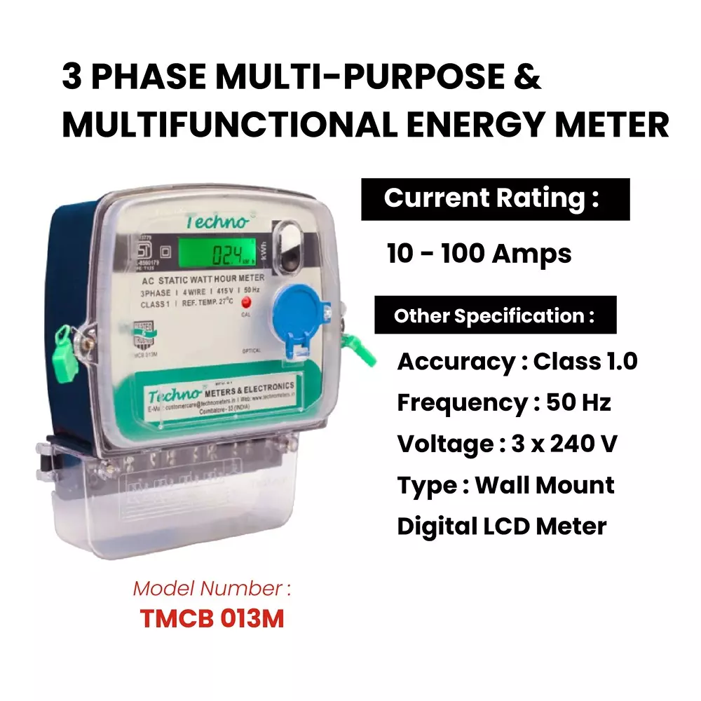 Techno Meters Digital Multifunctional Energy Meter Three Phase 4-Wire 10-100 A Class 1.0, TMCB 013 M