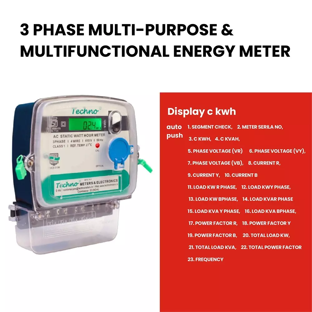 Techno Meters Digital Multifunctional Energy Meter Three Phase 4-Wire 10-100 A Class 1.0, TMCB 013 M