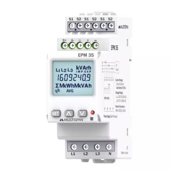MULTISPAN Energy Power Meter DIN Rail Mount 90x35x63 mm Self Powered Pulse RS-485 Modbus Communications, EPM-35 (AC-MFM)