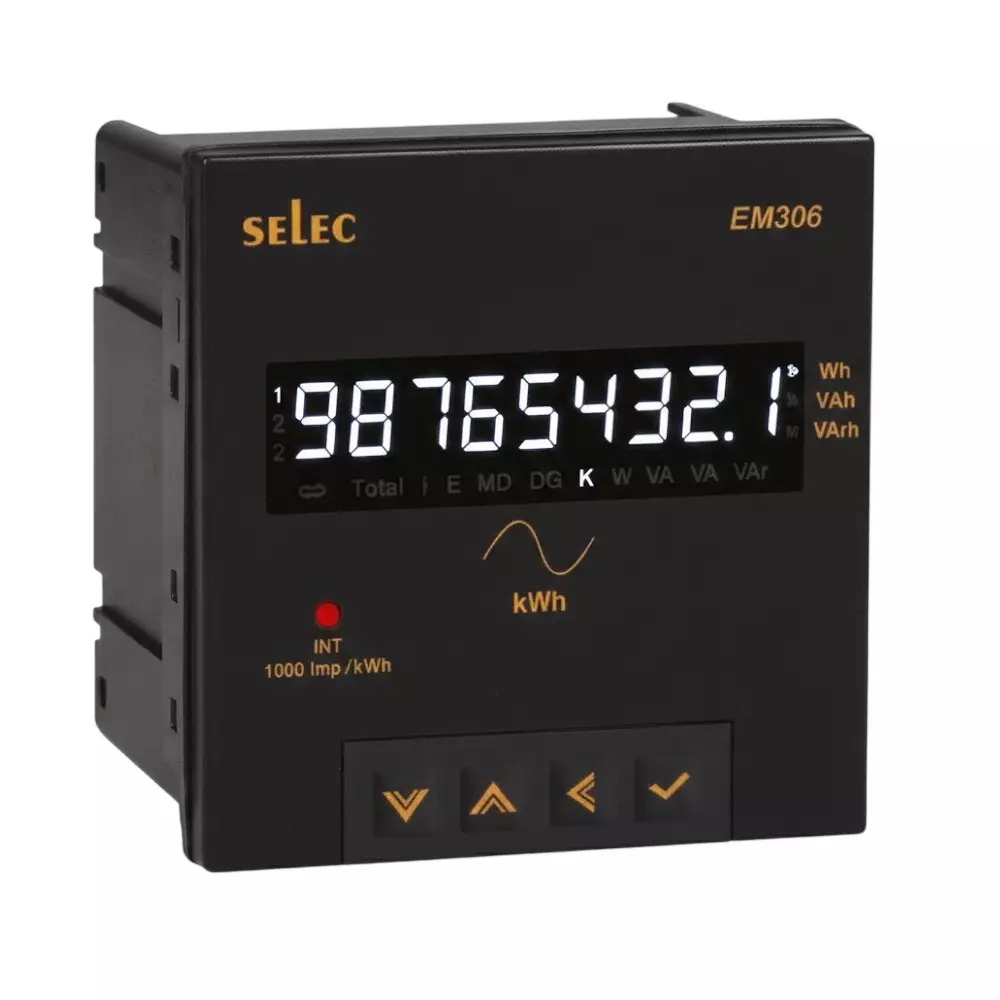SELEC CT Operated Energy Meter with 9 Digit Display, 3 Phase, 40 to 300 V AC / DC and RS485 Co mmunication, EM306-C-CE