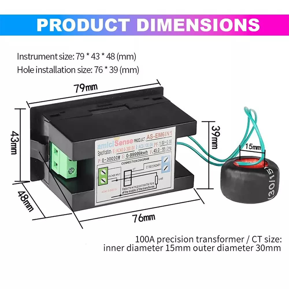 amiciSense 6 in 1 Digital Energy Meter 100 A Energy Multi-Colour Display