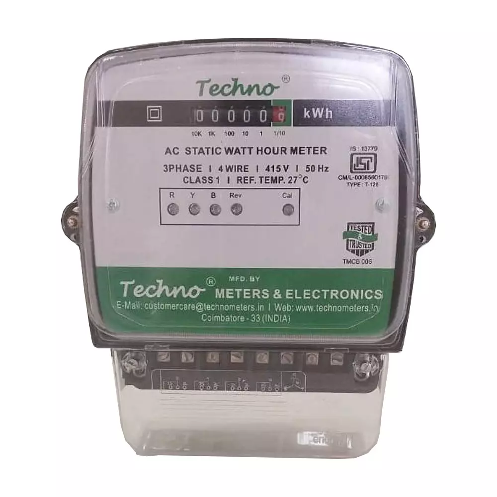 Techno Meters Counter Energy Meter Three Phase AC 4 Wire 5 A (CT Operated) Current Class 1.0, TMCB 006