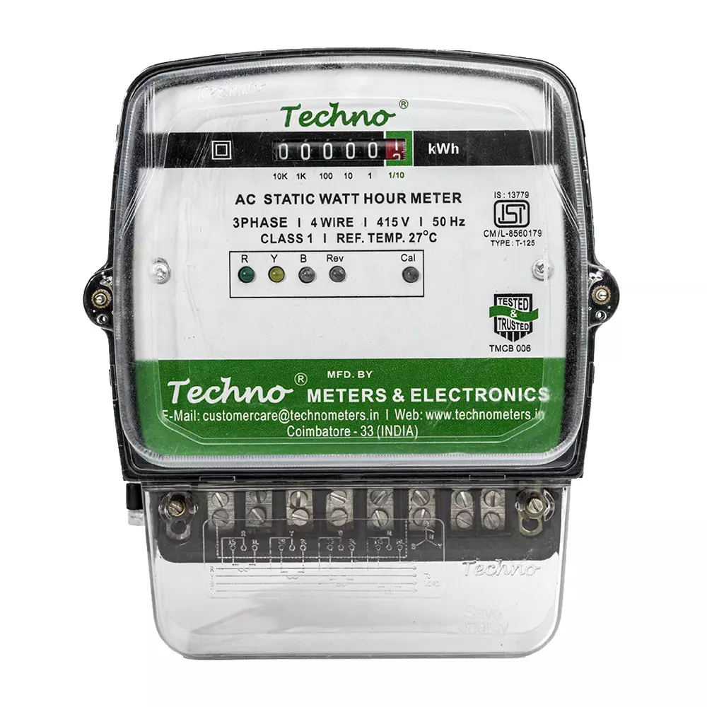 Techno Meters Polycarbonate Counter Energy Meter Three Phase AC 4 Wire 5 A (CT Operated) Current Class 1.0, TMCB 006