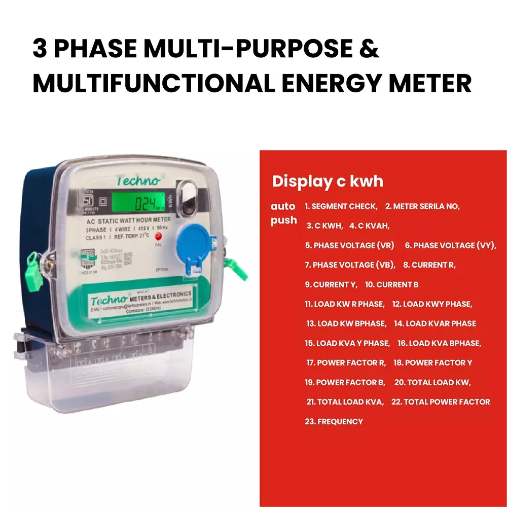 Techno Meters Digital Multifunctional Energy Meter Three Phase 4-Wire 10-60 A Class 1.0, TMCB 013 M
